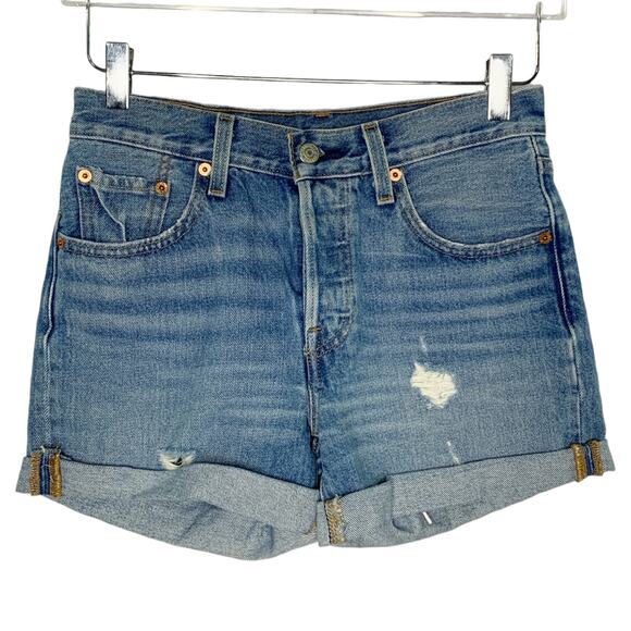 Levis 27 Premium Denim Distressed Cuff Jean Shorts Medium Blue - Picture 1 of 9
